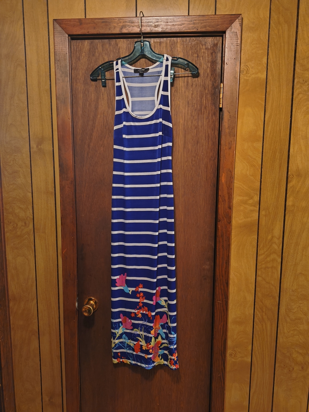 Blue & White Striped Maxi Dress with Floral Hem